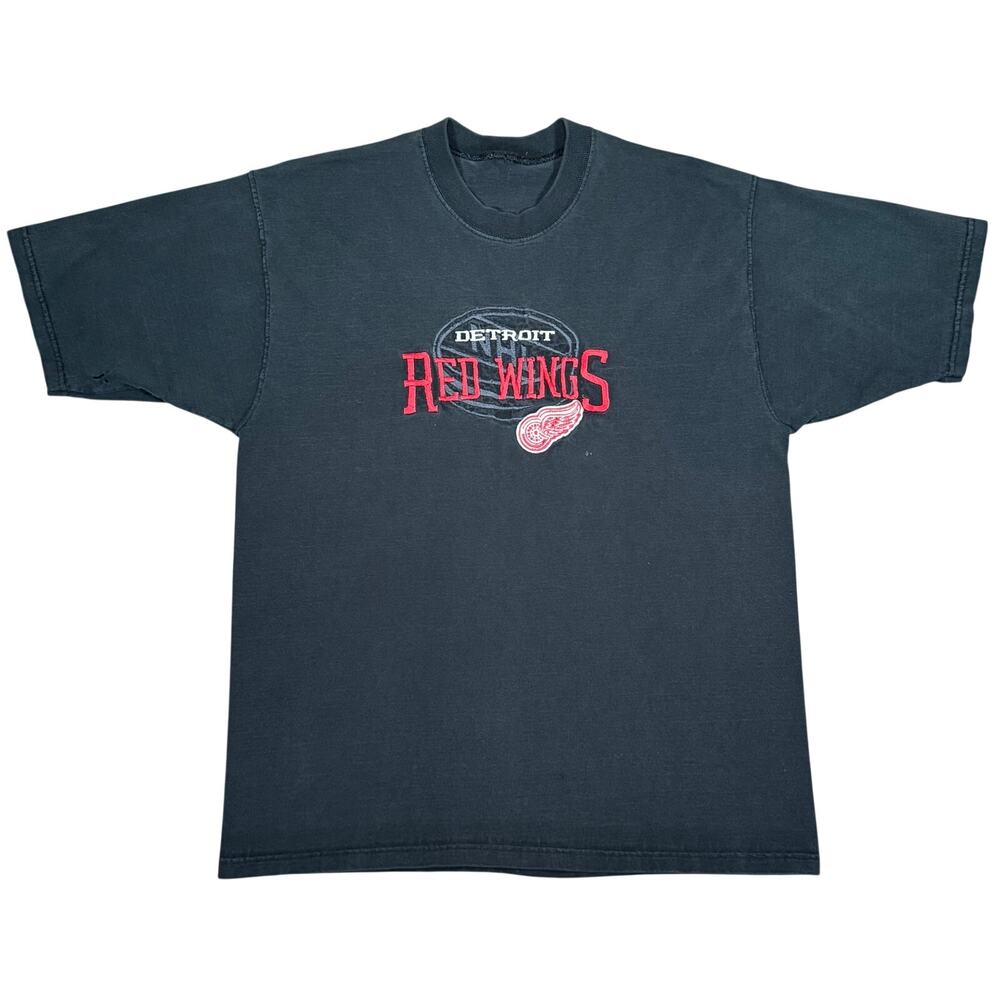 Vintage Detroit Red Wings 90sT Shirt NHL Hockey Black Mens Embroidered Medium